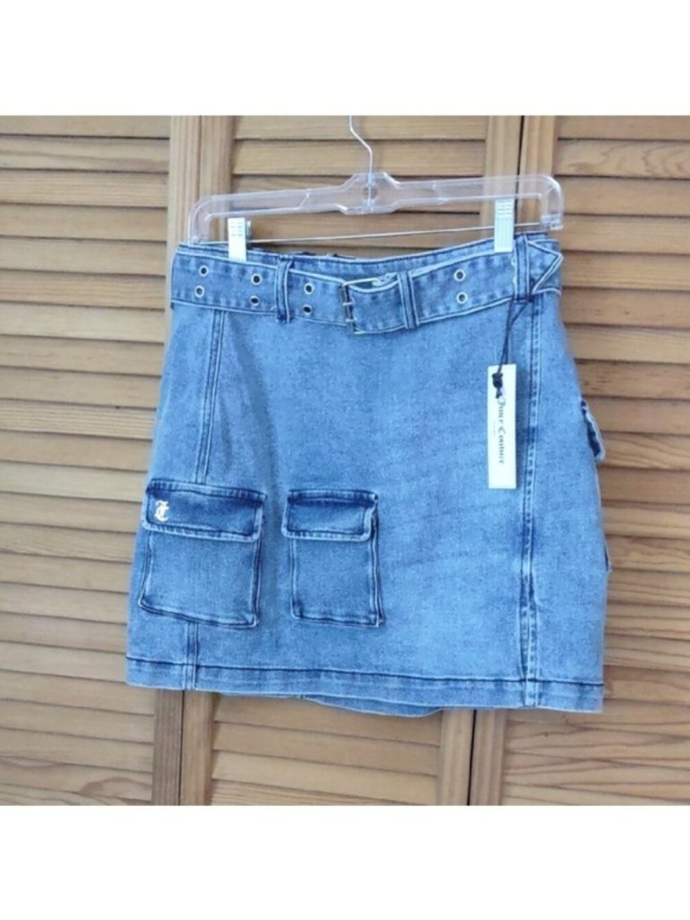 Juicy Couture NWT Wide Belt Blue Denim Cargo Mini Skirt Size 28